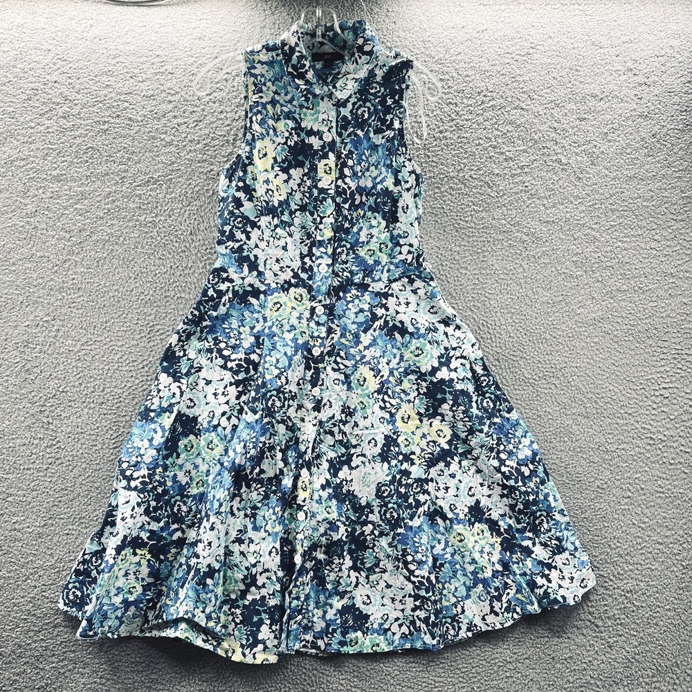 R&K Womens Floral Shirt Dress Size 10 Blue Green Button Front Fit Flare Cotton‎
